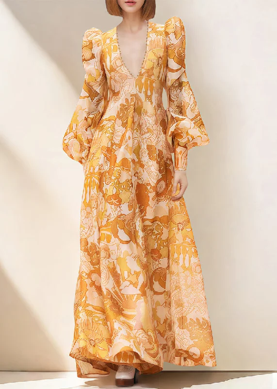 Easy Wear Chic Chic Yellow V Neck Print Nail Bead Vacation Dresses Fall