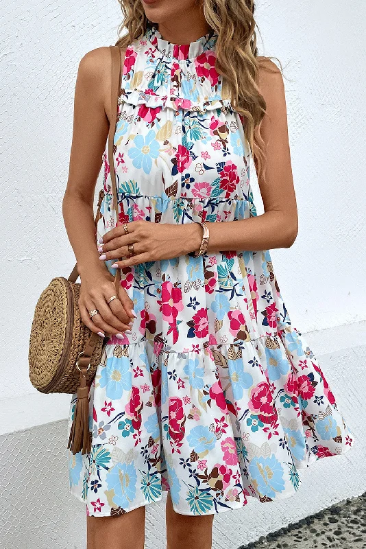 Celebrity Style White Frill Mock Neck Sleeveless Tiered Floral Dress