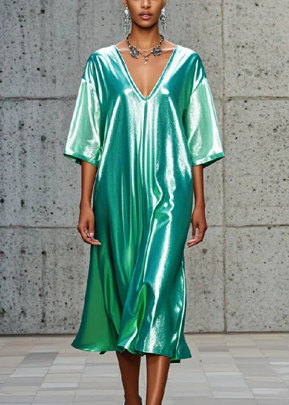 Relaxed Chic Chic Green V Neck Oversized Silk Vacation Dresses Summer
