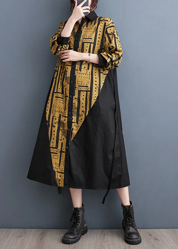 Versatile Style Yellow Patchwork Cotton Long Dresses Asymmetrical Fall