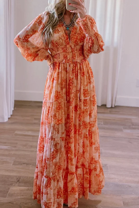 Comfortable Mind Orange Boho Floral Bishop Sleeve V Neck Tiered Maxi Dress