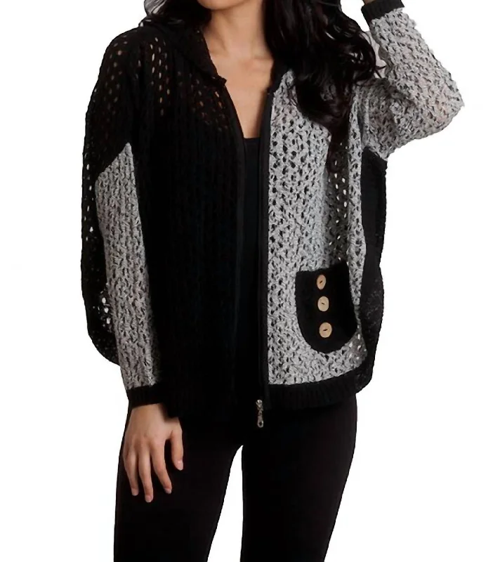 Cozy Street Style Crochet Button Hoodie Poncho In Black/white