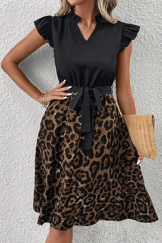End Of The Year Black Leopard Print Flutter Sleeve Bow Belted Dress