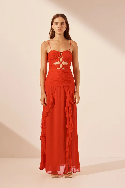 Comfortable And Casual MAYA RUCHED LACE UP MAXI DRESS - HIBISCUS