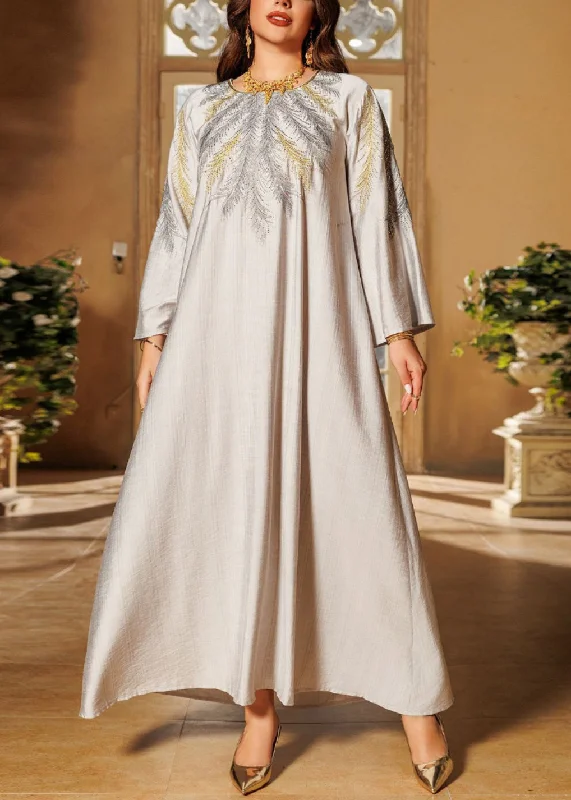 Relaxed Clothing Loose Grey Embroidered Zircon Cotton Long Dresses Fall
