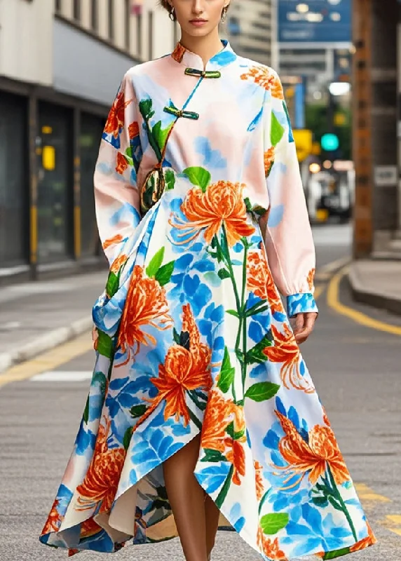 Personalized Design Chic Apricot Print Asymmetrical Design Silk Oriental Dresses Fall