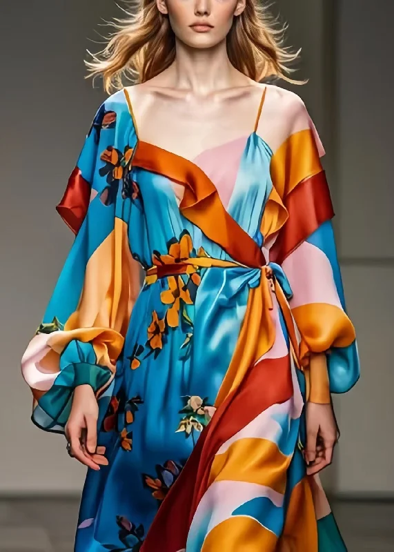 New Autumn And Winter Styles Boho Blue Cinched Print Silk Robe Dresses Spring