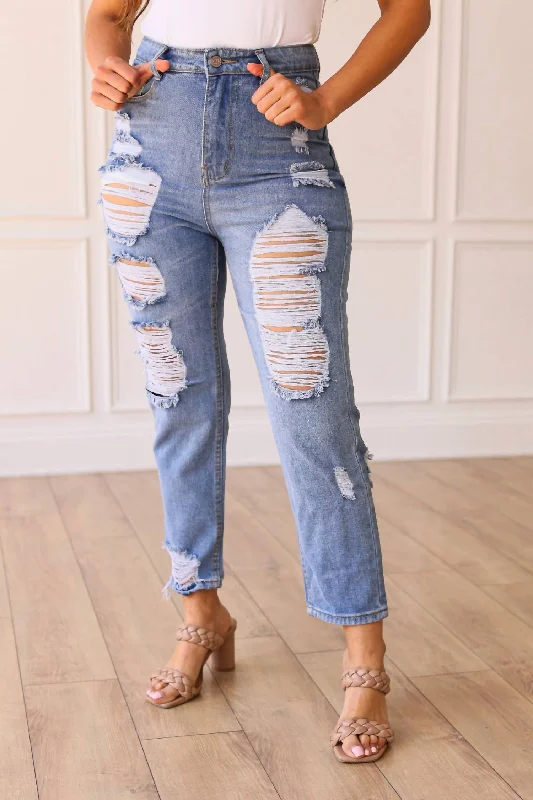 Light Dressing The Savannah Mid Rise Straight Fit Distressed Denim In Medium Wash