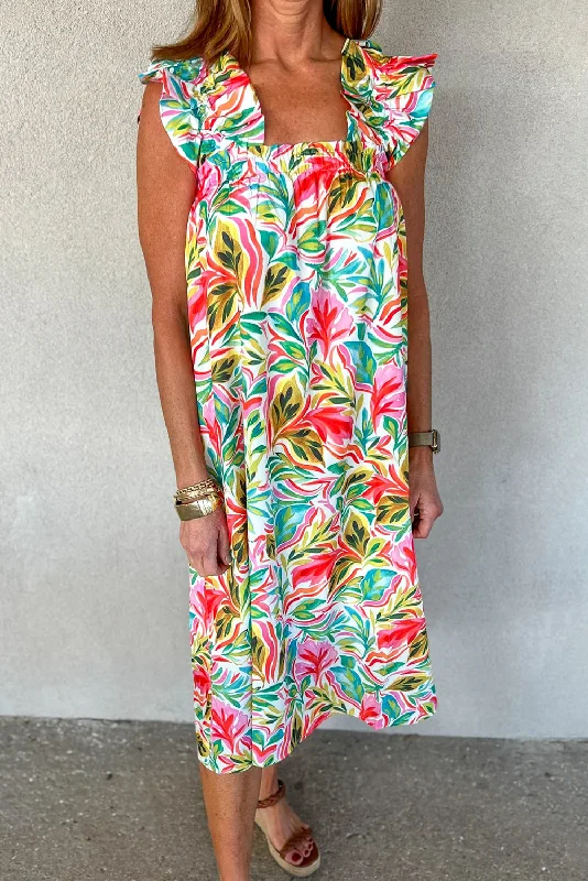 Everyday Style Wholesale White Floral Print Ruffle Sleeveless Boho Dress