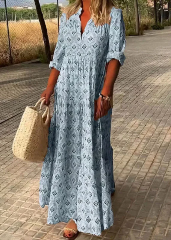 Classic Style Loose Sky Blue V Neck Print Maxi Dresses Fall