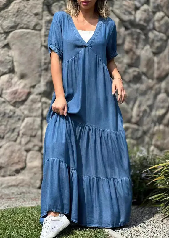 Elegant Style Loose Navy V Neck Pockets Patchwork Denim Maxi Dresses Summer