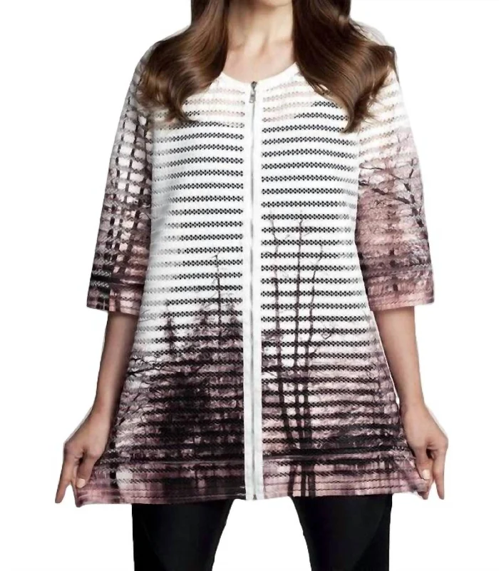 Knitted Design Textured Graphic Long Cardigan In White/taupe