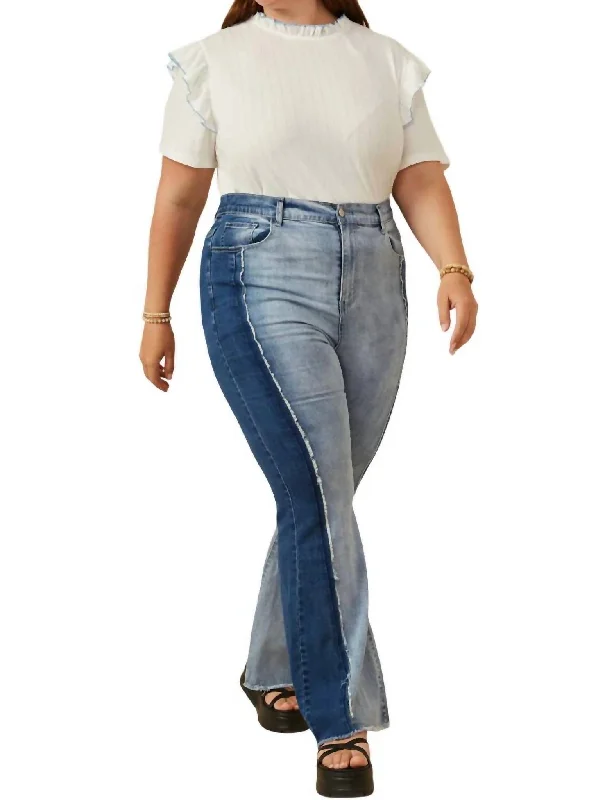 Cozy Fashion Two Tone Flare Jean In Denim