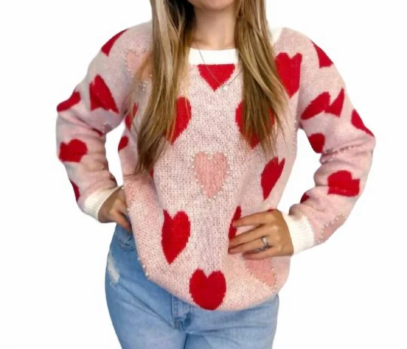 Youthful Style Betty Heart Pearl Sweater In Pink