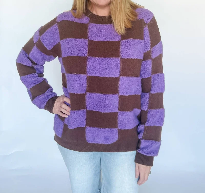 Versatile Itinerary Old Faithful Checker Sweater In Brown And Purple