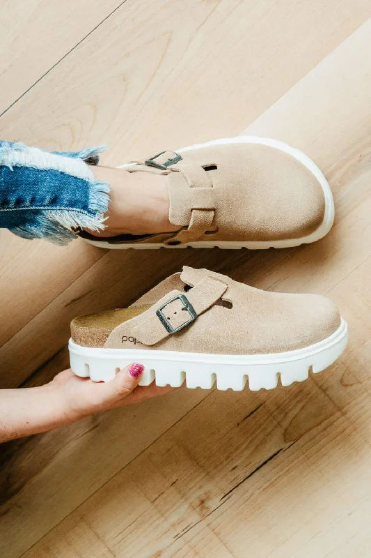 Unique Design Papillo by Birkenstock Boston Chunky Suede Leather Clogs for Women in Warm Sand | 1026176