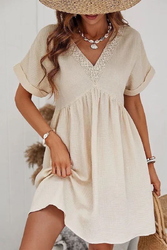 Casual Style Beige Lace Splicing V Neck Rolled Up Sleeve Empire Waist Mini Dress