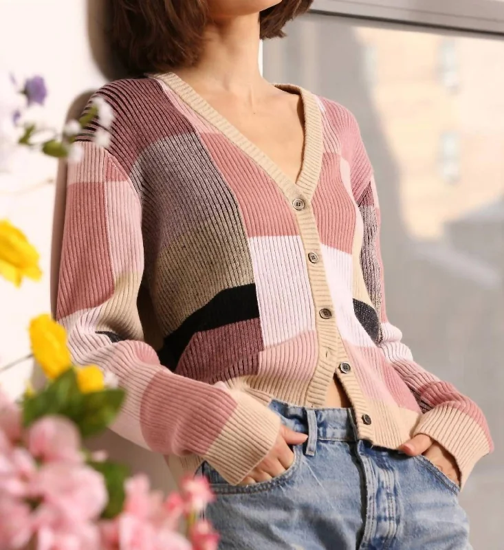 Thin Design Ribbed Plaited Cardigan In Colorblock Multi