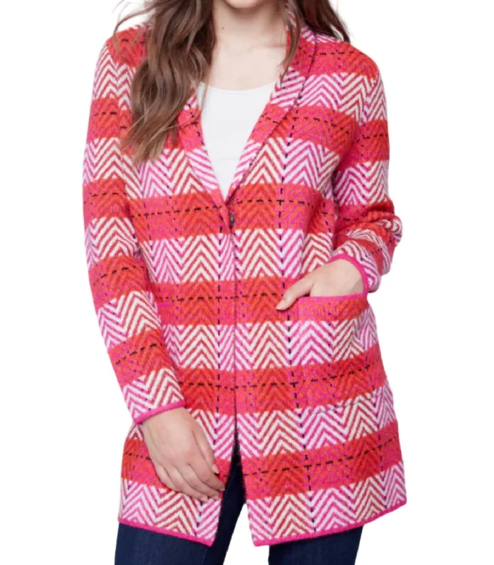 Stylish Ease Shawl Neck Jaquard Cardigan In Orchid