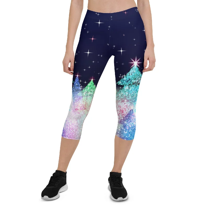 Elegant And Simple Shimmery Christmas Tree Print Capris