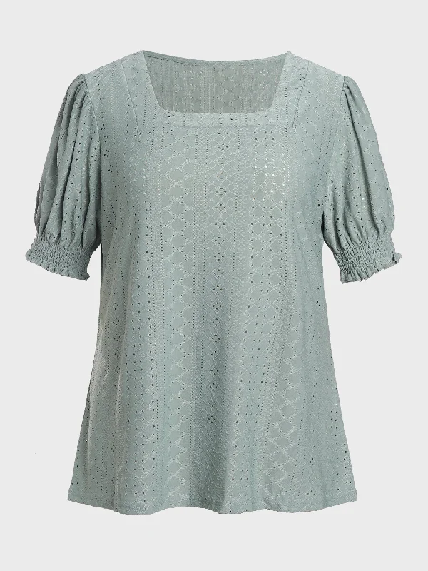 Easygoing Style Square Neck Jacquard Puff Sleeve Top