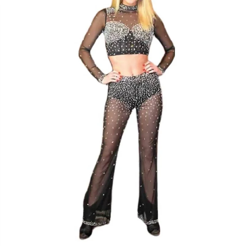 Breezy Comfort Rhinestone Mesh Set Top Bottom In Black