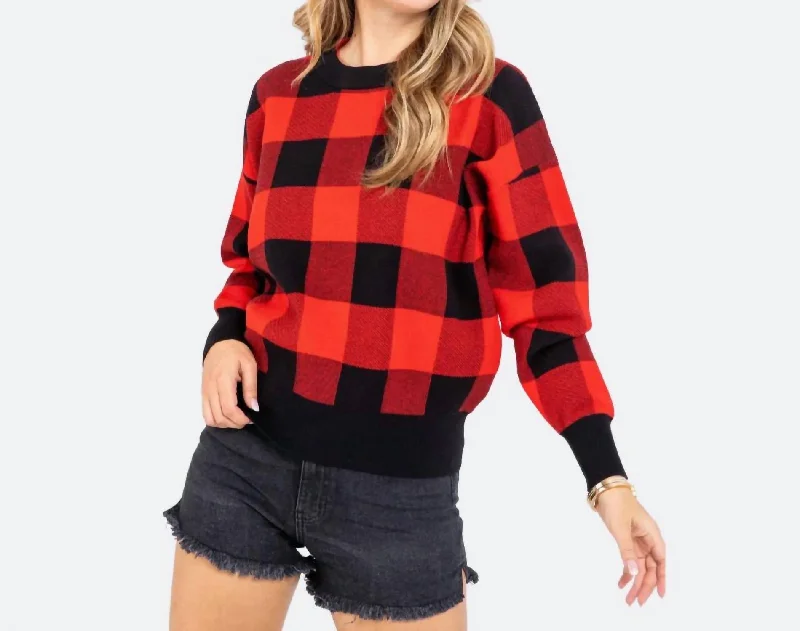 American Style Gingham Check Knit Sweater In Red/black