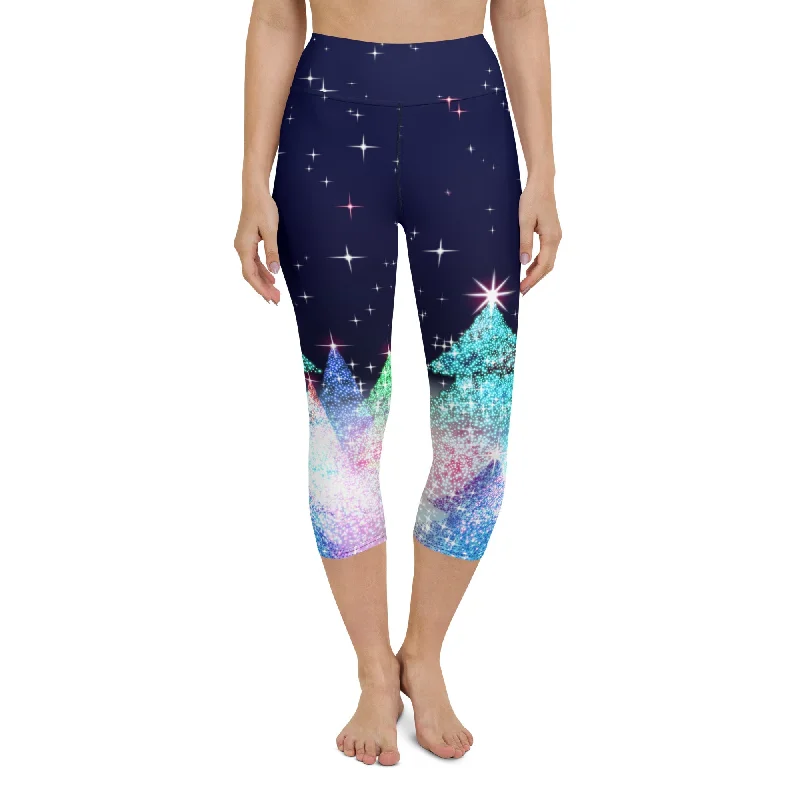 Wearable At Home Or Out Shimmery Christmas Tree Print Yoga Capris