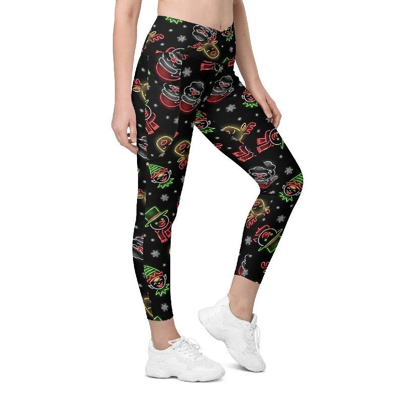 Layered Style Neon Christmas Crossover Leggings With Pockets