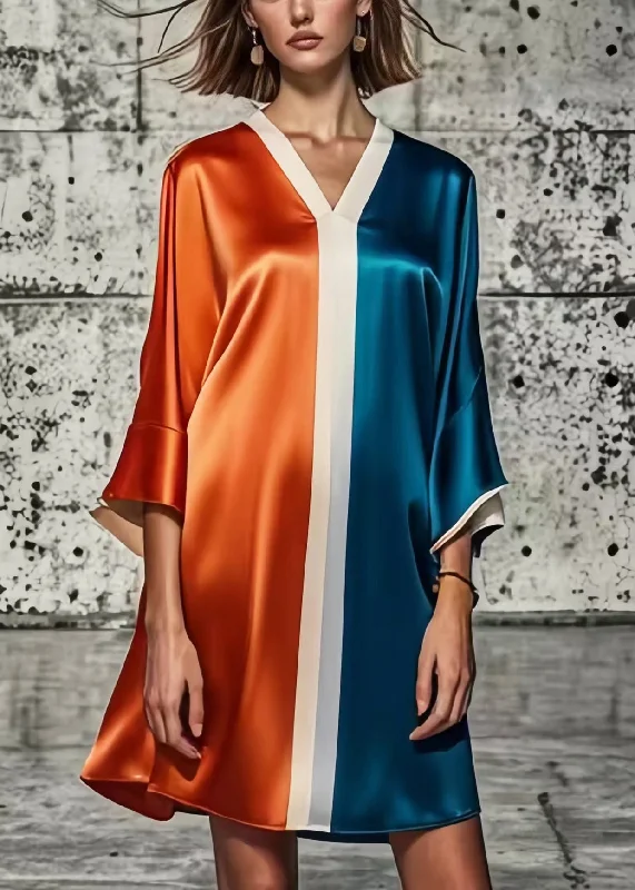Carefree Loose Colorblock V Neck Patchwork Silk Mini Dresses Summer
