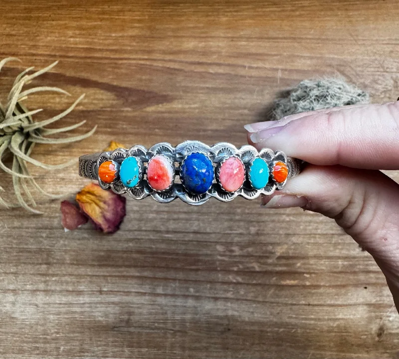 Stylish Jackets Cuff Bracelet - Mix Stone turquoise and Shell & Sterling Silver