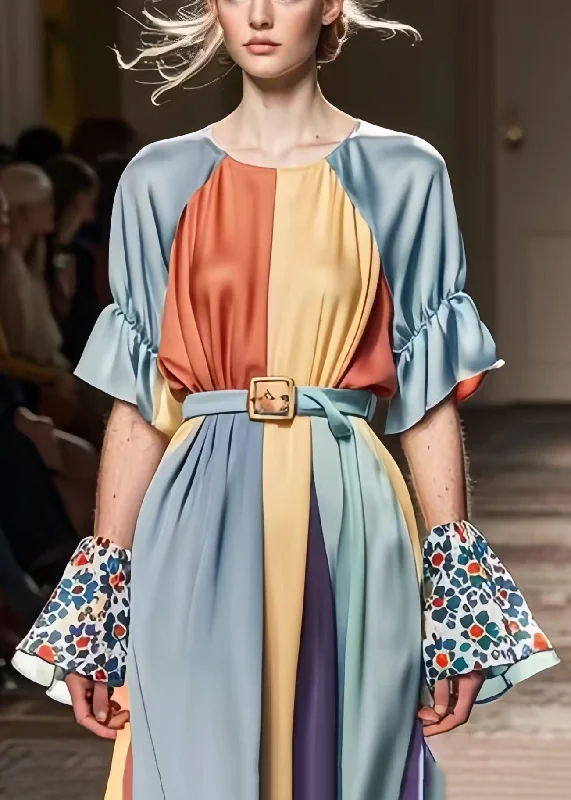 High-end Design Grey Patchwork Silk Vacation Dresses Cinched Summer