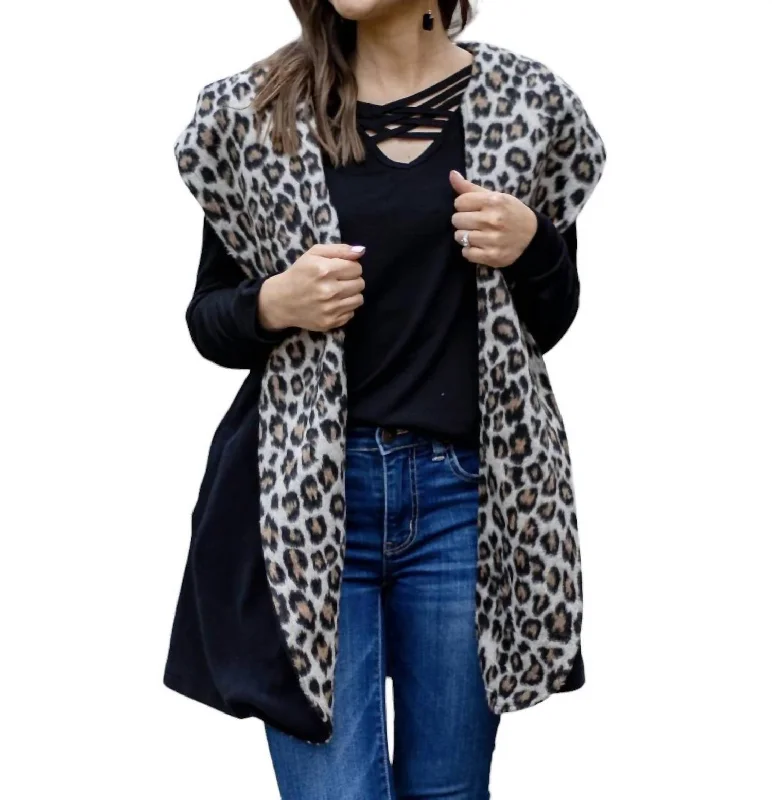 Urban Comfort Warm & Together Vest Cardigan Hoodie In Black With Leopard
