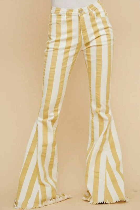 French Retro Stripped Bell Bottom Jeans In Mustard