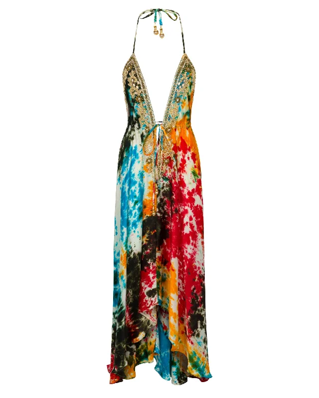 Fashion Style Tie Dye Gidget Beaded Halter Dress