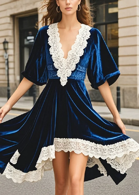 Breathable Design Women Navy Asymmetrical Patchwork Silk Velvet Dresses Summer