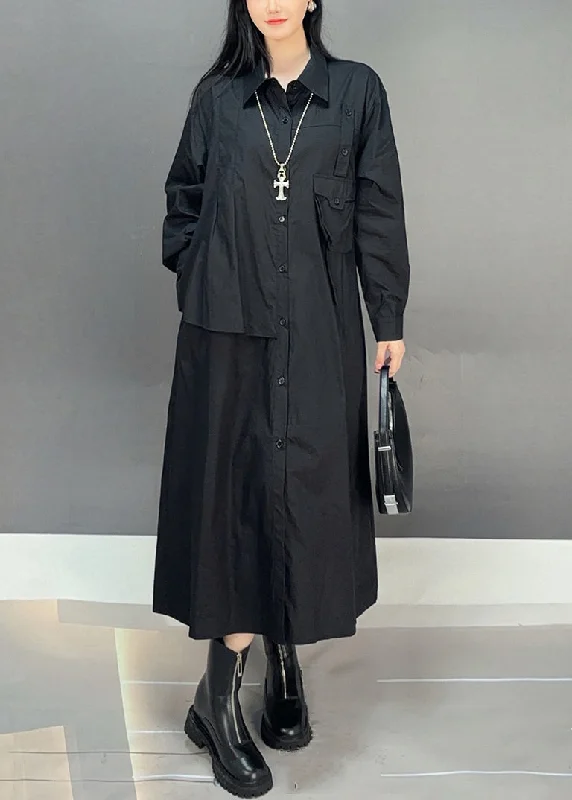 Luxury Customization Black Button Solid Cotton Fall Blouses Dresses Asymmetrical