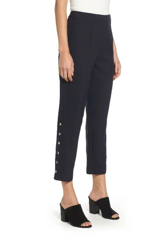 Noble Temperament Women's Snap Side Button Crop Ankle Pants In Navy Blue