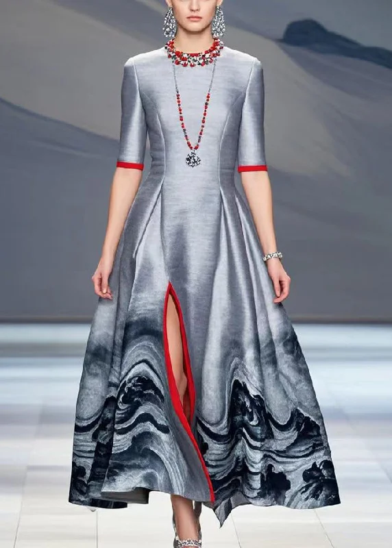 Soft Clothing Italian Grey Print Side Open Cotton Long Dresses Fall