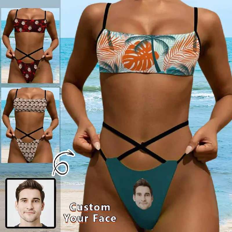 Easy Chic Custom Face Tropical Leaves Green Waist Bond Triangle Bikini Peronalized Two Piece Swimsuit Easy Chic Custom Face Tropical Leaves Green Waist Bond Triangle Bikini Peronalized Two Piece Swimsuit