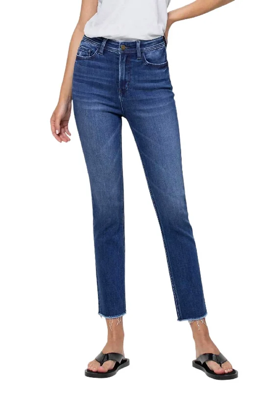 High-end Sense Super High Rise Slim Straight Jeans In Medium Blue