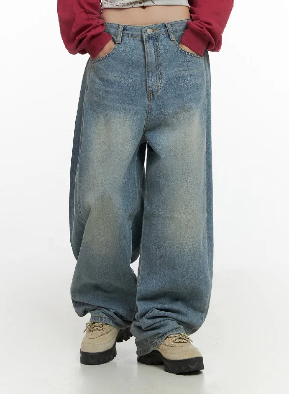 Retro Fashion Pearl Casual Washed Loose Fit Denim Jeans CO402
