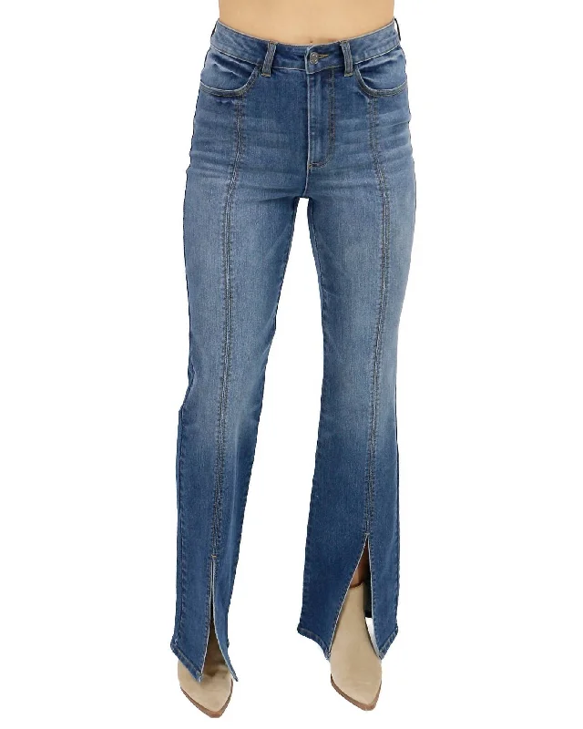 Exquisite Embroidery Front Slit Jeans In Aged Mid-Wash