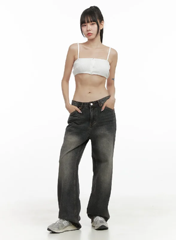 Lazy Home Mandy Washed Cotton Wide Leg Jeans OO401