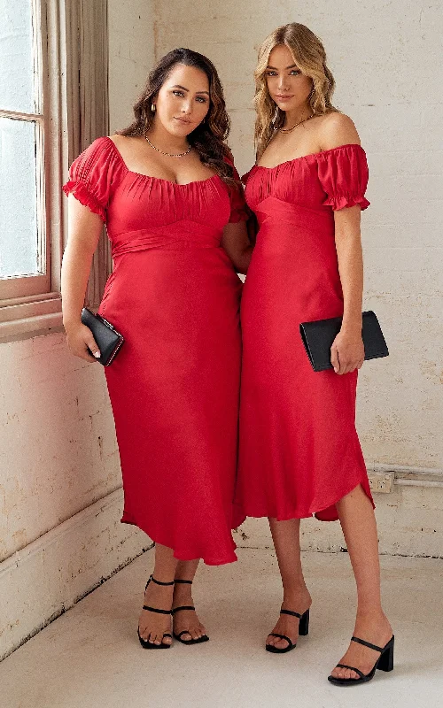 Bright Colors Jolene Dip Hem Midi Dress - Red