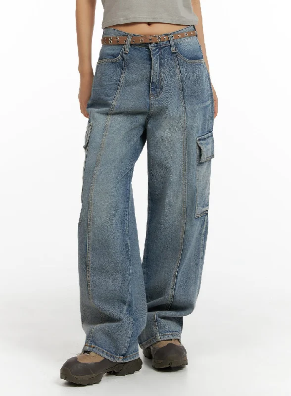 Personalized Design Wide Leg Cargo Denim Jeans CF427