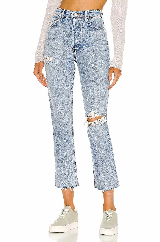 Unique Prints Karolina High Rise Straight Crop Jeans In Larchmont With Rip