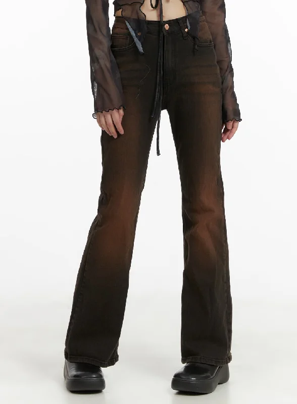 Embroidered Letters Color-Washed Slim Fit Bootcut Jeans CA419
