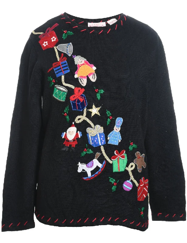 Cozy Chic Black Appliqued Christmas Jumper - M