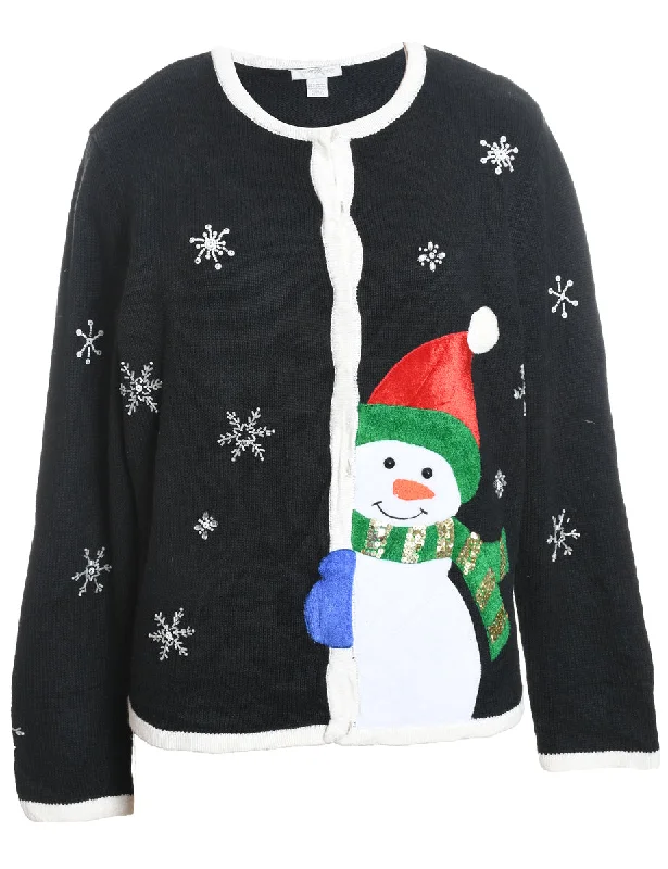 Layered Comfort Black Appliqued Snowman Design Christmas Cardigan  - L